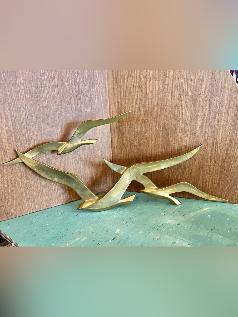 Large vintage brass seagulls birds wall hanging decor 31 inches !